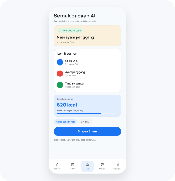 Paparan semakan makanan yang dikenal pasti oleh AI